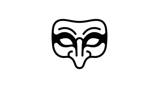 A minimalist black and white line art illustration of a stylized masquerade mask.