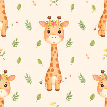 seamless pattern featuring sweet cartoon giraffes with extra long necks wearing tiny flower crowns