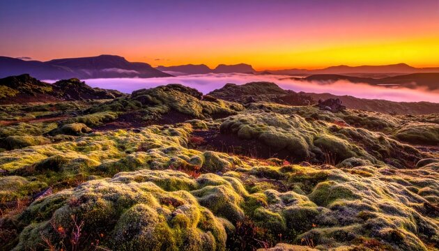 A surreal landscape unfolds under a vibrant sunrise sky, with rolling moss-covered hills meeting a misty valley and distant mountains.