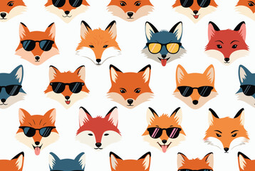 Fototapeta premium Seamless background pattern featuring cute cartoon red and gray fox faces with stylish sunglasses on plain white.