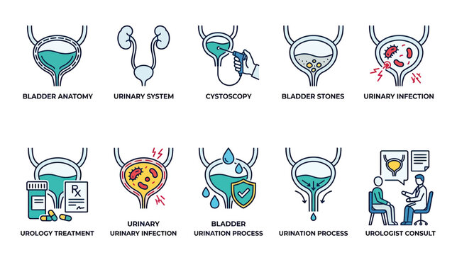 Urology and Bladder Health Icons: Anatomy, Conditions, Treatment, Consultation