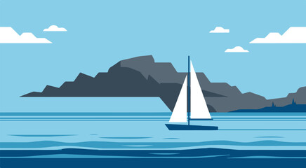 Naklejka premium A serene sailing scene on calm waters near a mountainous island landscape