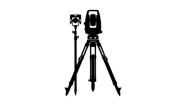 Surveying total station and prism on tripod silhouette isolated on white background