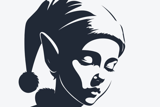 Black and white high-contrast stencil art of an elf face wearing a long sleeping cap with pom-pom, looking downward in a peaceful pose.