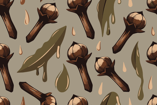 Seamless pattern of aromatic cloves, green bay leaves, and essential oil droplets on a muted background, ideal for kitchen or spice theme.