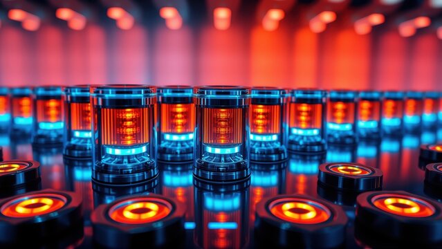 Futuristic display, nixie tubes glowing red, blue reflections. Dark background creates dramatic lighting effect. Modern technology aesthetic.