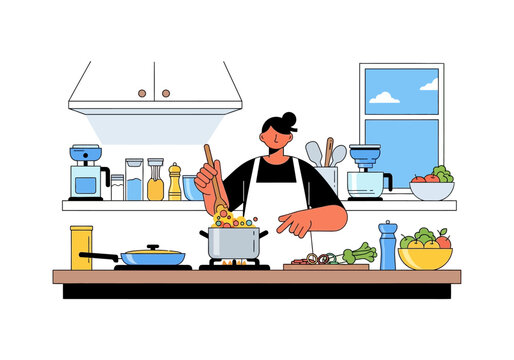 Woman cooking in a modern kitchen with fresh ingredients.