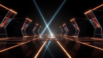 Fototapeta premium Futuristic corridor glows with neon lines. Dark space creates dramatic perspective, emphasizing symmetry, light beams converge ahead.