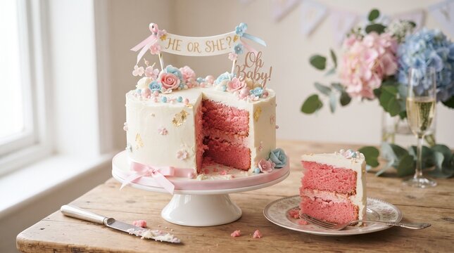 Gender reveal cake with a pink interior on a wooden table for parenting blogs, party bakeries, and baby shower cards.