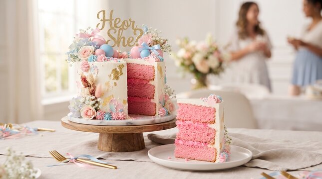 Cut gender reveal cake with pink layers and "He or She?" topper.