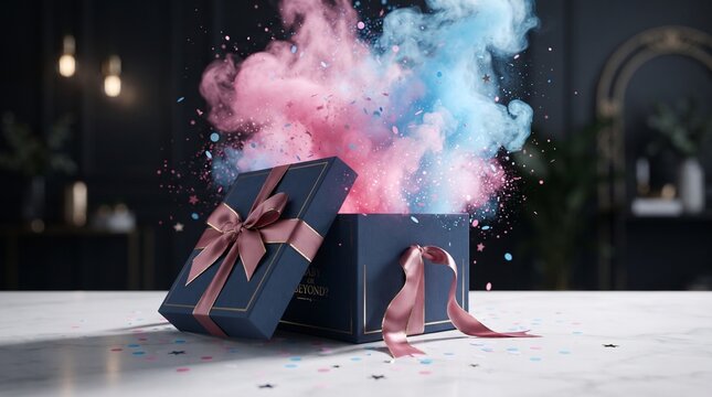 An opened pink blue gender reveal gift box 