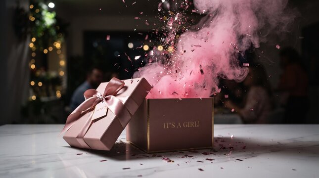 An opened pink gender reveal gift box with "It's a Girl" text, bursting with pink smoke and confetti on a table.