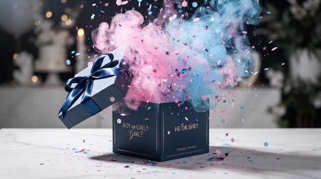 Pink and blue smoke explosion from a dark gender reveal box, perfect for baby shower invitations, digital announcements, and celebration flyers.