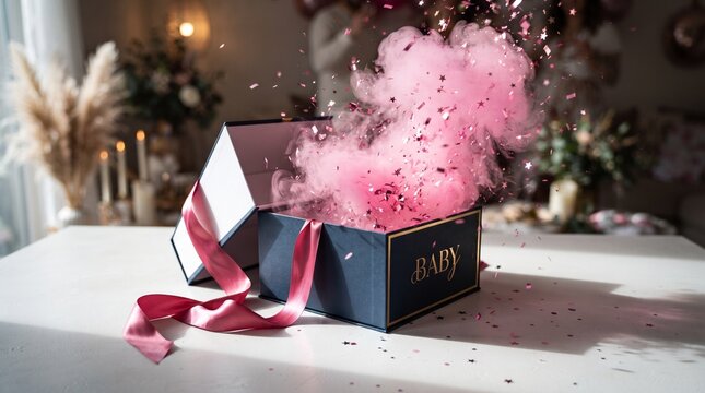 Pink girl gender reveal box exploding with smoke and confetti, perfect for baby shower invitations, digital announcements, and greeting cards.