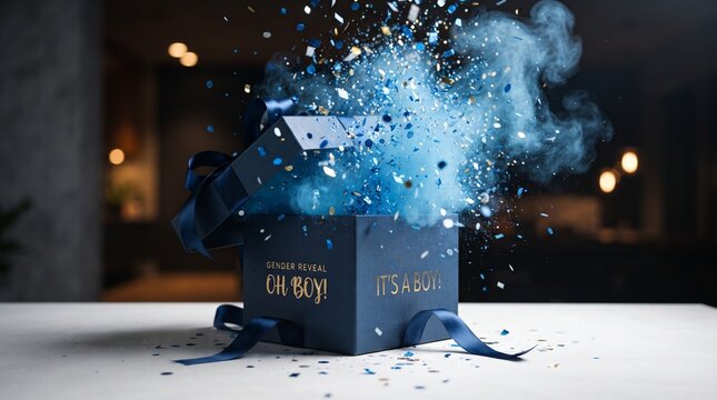 Blue boy gender reveal box exploding with smoke and confetti, perfect for digital announcements, social media cards, and party invitations.