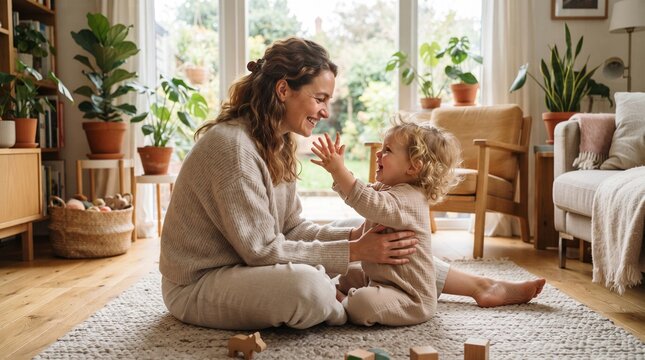 Happy mother playing with her toddler at home for parenting blogs