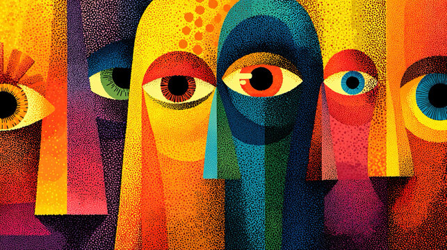 Cheeky abstract illustration with exaggerated facial expressions and dynamic shapes designed for a fun eye-catching and entertaining background effect