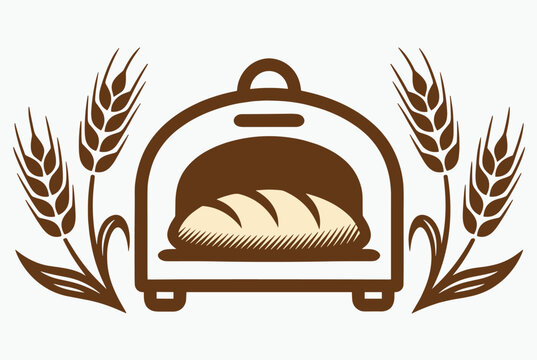 Bakery logo concept showing a freshly baked loaf of bread in a traditional wood oven flanked by wheat ears.