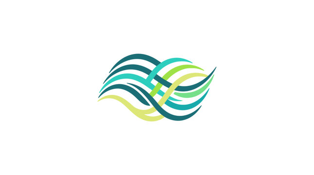 Abstract logo design featuring flowing colorful wave lines on white background.