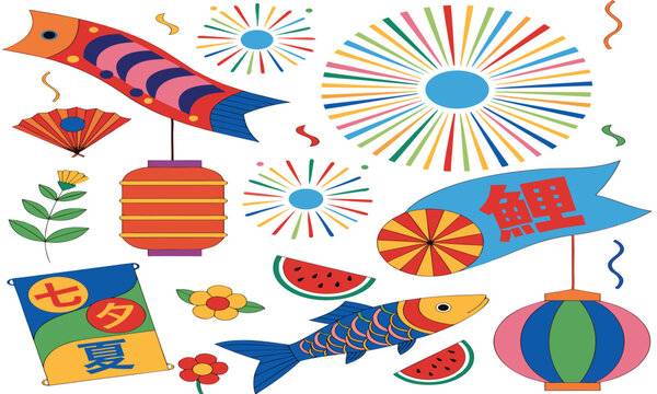 Japanese Festival Vector Illustration with Colorful Kites, Lanterns, Fireworks, and Carp Streamer for Celebration Background