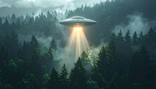 A mysterious flying saucer descends from the sky, emitting a bright beam of light into a foggy, dense forest.