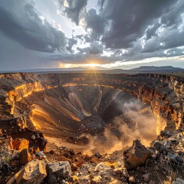 A dramatic sunset illuminates a volcanic crater with glowing lava lines along its rim.