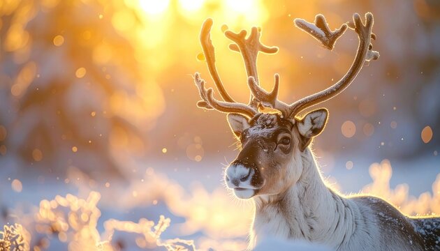 A majestic reindeer stands in a snowy landscape bathed in the golden light of sunrise or sunset.