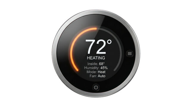 Round digital smart thermostat showing room temperature transparent background