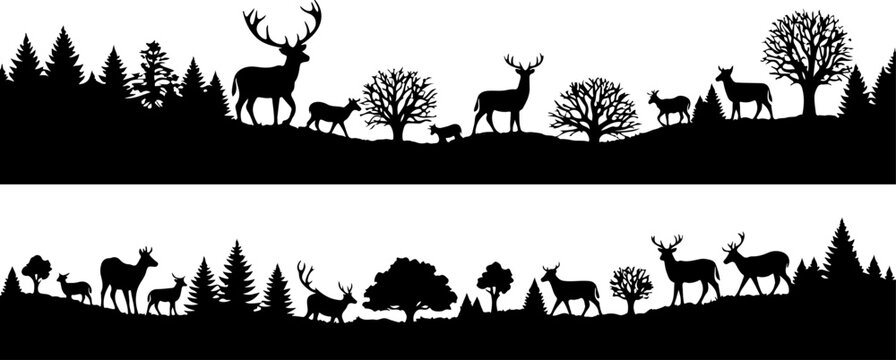 Wildlife silhouettes, forest animals, deer and trees, black vector icons, nature border