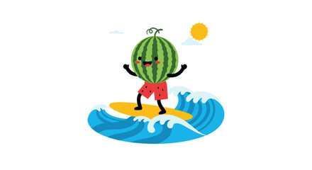 Fototapeta premium Cute anthropomorphic watermelon character wearing red swimming trunks surfing on yellow surfboard over blue ocean waves, flat vector illustration isolated on white background.