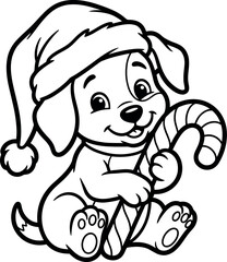 Obraz premium Happy christmas coloring page for kids with cute dog wearing santa hat and holding candy cane