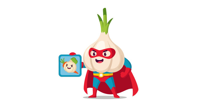 Vector illustration of a cute garlic superhero mascot wearing a red cape, mask, and blue suit, holding a digital tablet with vegetable icon, isolated on white background for nutrition.