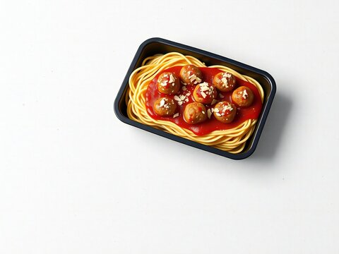 A pre-packaged meal of spaghetti pasta topped with savory meatballs and red tomato marinara sauce