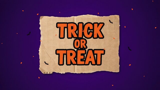 Spooky halloween trick or treat sign with bats and confetti