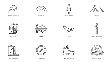 Fototapeta premium Minimalist line art icons set featuring outdoor adventure and nature elements on light background with uniform style subtle shading depth background collection twelve