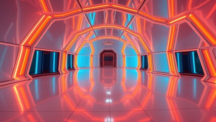 Fototapeta premium Futuristic corridor, bright neon lights, reflective floor. Symmetrical design creates depth, inviting exploration. Minimalist aesthetic, modern space.