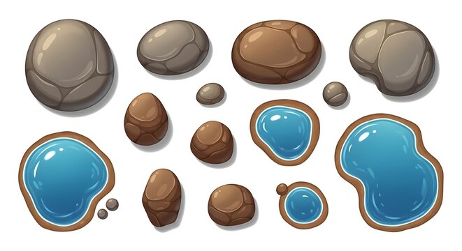 Set of cartoon stones and blue water puddles for game design elements