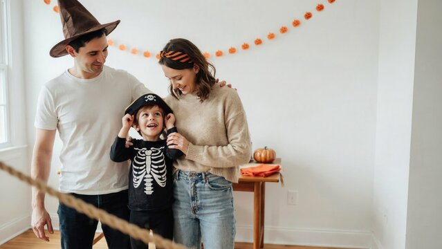 Family in halloween costumes standing together