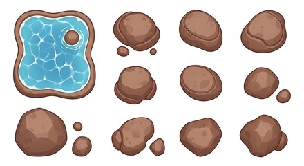 Fototapeta premium Cartoon set of brown stones and a small blue water pond for game maps