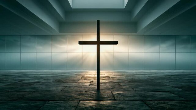 Metal Cross Silhouette Against Glowing Window