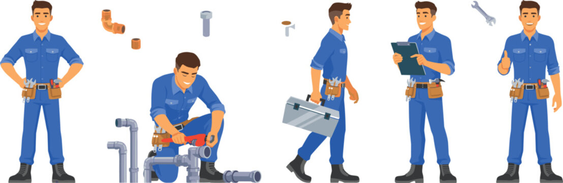 Professional Handyman and Plumber Character Vector Set with Activities Like Fixing Plastic Pipes Checking Clipboard Carrying Toolbox and Wearing Tool Belt
