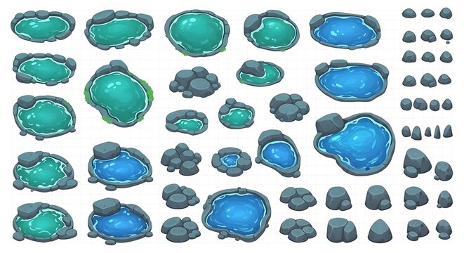 Set of cartoon lakes and ponds with rocks isolated on white background