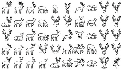 Minimalist deer line art icons, set of 50 wild reindeer and stag vector illustrations, black outline forest animal silhouettes for logo design © usman
