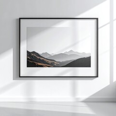 Fototapeta premium Framed landscape artwork showcasing layered mountain ranges under a bright sky.