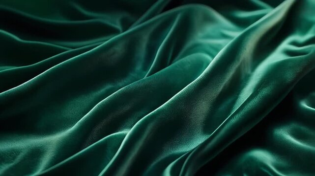 Deep emerald velvet surface with rich folds revealed by moving directional light, showcasing luxurious textile texture in elegant minimalist composition for premium fashion branding.