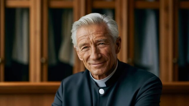 Elderly Catholic Priest Portrait in Wood-Paneled Sacristy