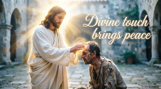 Jesus Christ heals a leper with divine love and grace, restoring his body and dignity.