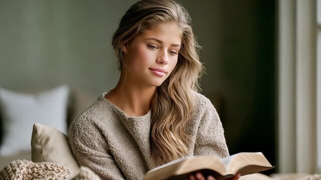 Teenage Girl Reading Bible on Window Seat