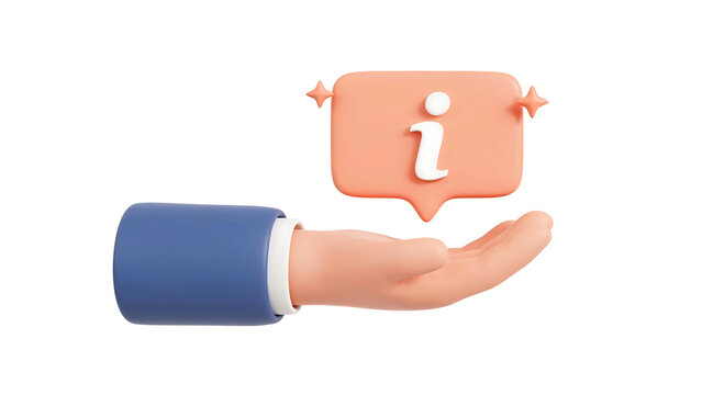 3 D cartoon hand holding orange info bubble with white letter i information