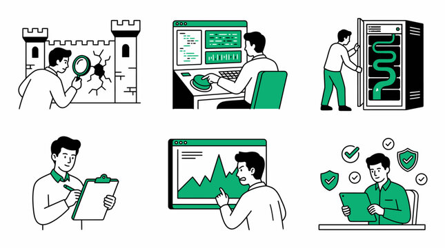 It Professionals At Work Green Line Art Illustration On White Background professional computer technician systems